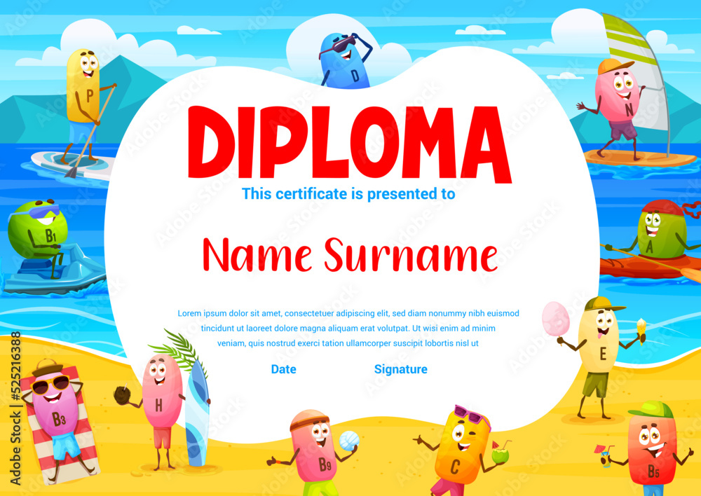 Kids diploma. Cartoon vitamins summer beach vacation. Graduation diploma or award vector template with healthy vitamin personages sunbathing, surfing and diving, kayaking on sea and beach Kids diploma. Cartoon vitamins summer beach vacation. Graduation diploma or award vector template with healthy vitamin personages sunbathing, surfing and diving, kayaking on sea and beach