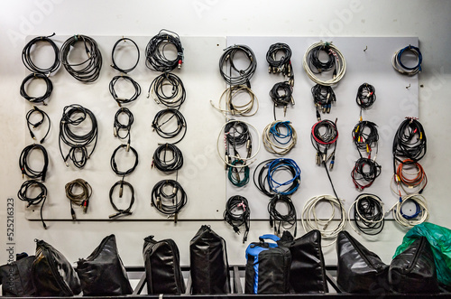 Fototapeta Naklejka Na Ścianę i Meble -  Wall of wires and cables for music and movie productions