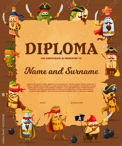 Kids diploma. Cartoon mexican food pirate corsair characters. Child award, kindergarten kids graduation diploma vector template with tacos, burrito and churros, tequila, jalapeno, avocado personages