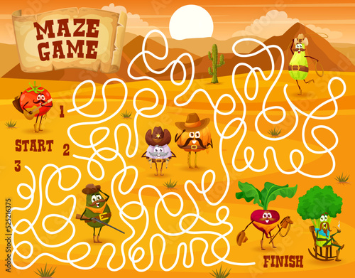 Labyrinth maze game. Cartoon vegetable sheriff and cowboys, bandits and robbers characters on Wild West. Kids quiz vector worksheet with cartoon avocado, tomato, pumpkin and garlic, broccoli veggies