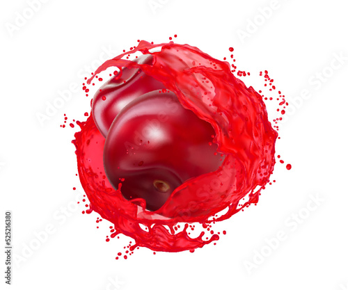 Ripe raw cherry with juice splash. Vitamin juice swirl or whirl with splatters or juicy cherry drink realistic vector spill flow. Isolated fresh summer berry beverage splash with falling droplets