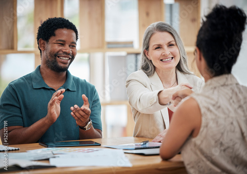 B2b partnership handshake and deal of ecommerce business team with a smile. Teamwork, collaboration and strategy success of working finance staff on an accounting and financial contract meeting