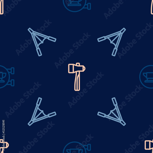 Set line Blacksmith anvil tool, Air blower bellows and Hammer on seamless pattern. Vector