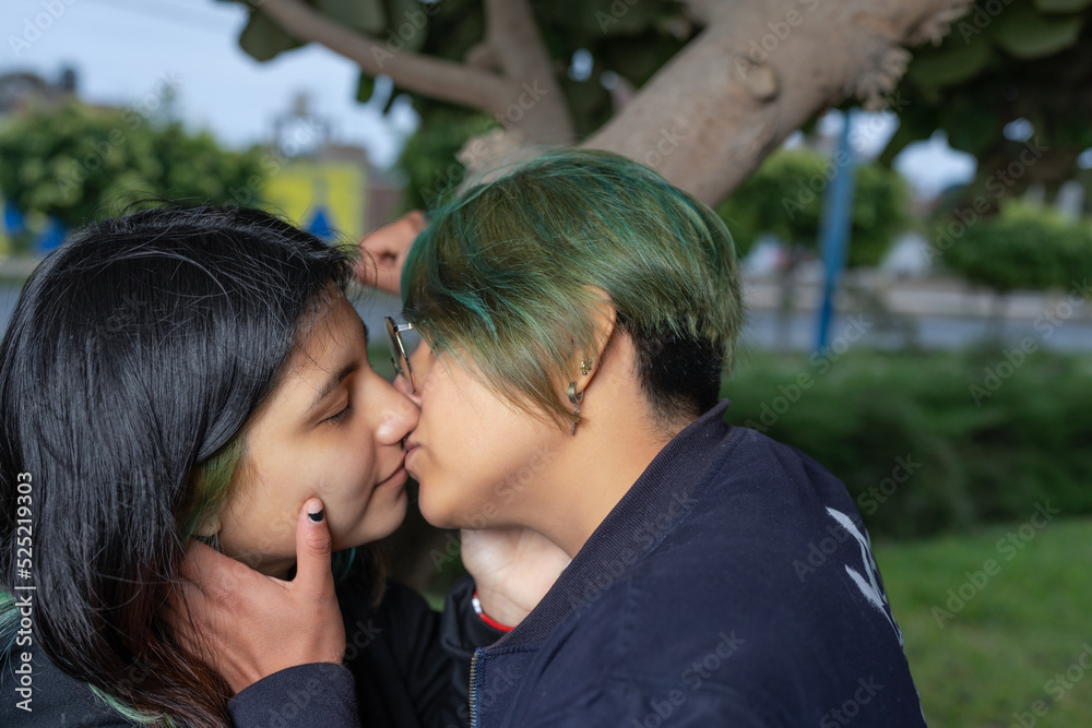Lesbian lovers kissing in a park