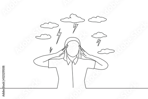 Cartoon of woman with worried stressed face expression eyes closed trying to concentrate with brain melting. Oneline art drawing style