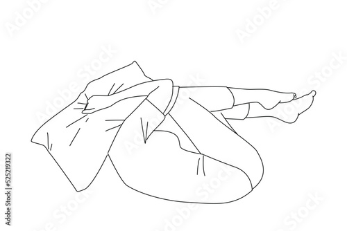 Drawing of frightened depressed woman lying alone on bed in fetal position covering head with pillow. Outline drawing style art