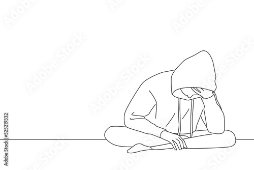 Drawing of unhappy young adolescent girl sitting on comfortable bed, feeling exhausted or depressed alone at home. One line art