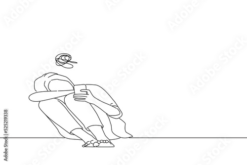 Drawing of beautiful young woman with depressed facial expression sitting holding her phone. Line art style