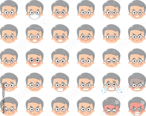 色々な表情のシニア男性の顔のイラストセット