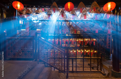 Interior view of historical landmark Man Mo Temple in Hong Kong city