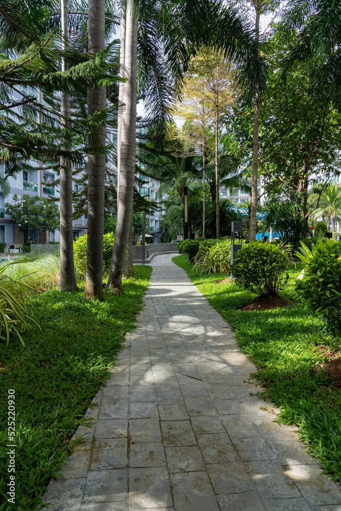 A stone path leading through the trees in the hotel's garden.