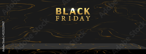 Black Friday concept with empty black marble pedestal for product display, advertising show, and award ceremony on cement wall background. Black marble background. Vector illustration.