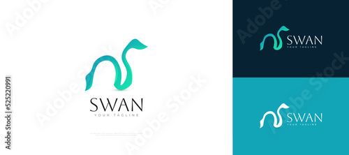 Beautiful Swan Logo Design in Blue and Green Gradient Style. Elegant Goose or Duck Logo Icon