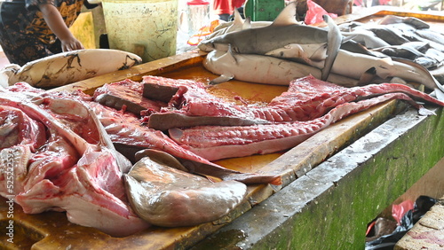 fish in a market. stingrays and small sharks sold in traditional markets in Bangka, Indonesia. 