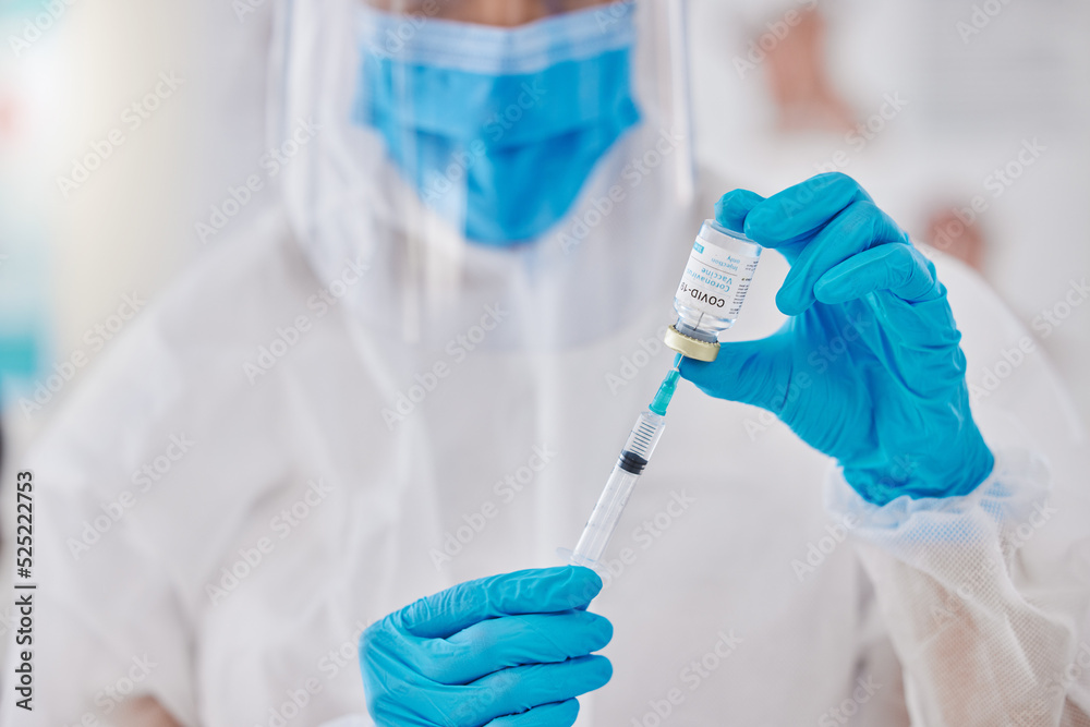 Covid vaccine, injection and medicine cure with needle, vial and syringe from a doctor in a hospital. Closeup of healthcare worker giving flu jab, antiviral shot and medical treatment for immunity Covid vaccine, injection and medicine cure with needle, vial and syringe from a doctor in a hospital. Closeup of healthcare worker giving flu jab, antiviral shot and medical treatment for immunity