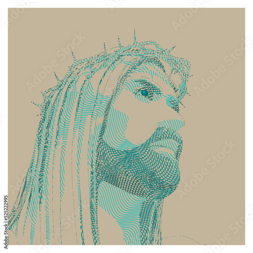 Portrait of Jesus Christ with crown of thorns. Biblical faith, gospel, salvation concept. Engraved effect