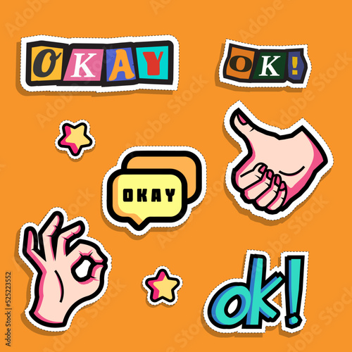 Set of Various Patches, pins, stamps or Stickers. okay lettering and finger gesture