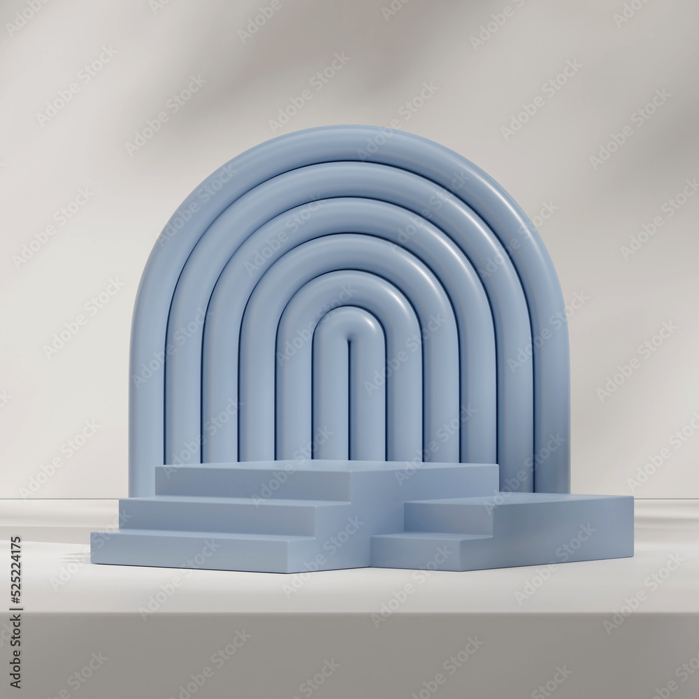 Obraz premium Mockup 3d rendering of blue stair podium in square with boho rainbow and white background wall 