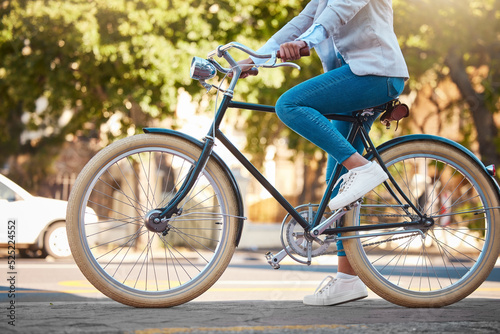 Fototapeta Naklejka Na Ścianę i Meble -  Adventure, street travel and bike break outdoor in urban city in summer. Woman with vintage bicycle in a road for transport. Sustainability person traveling with health mindset or healthy energy
