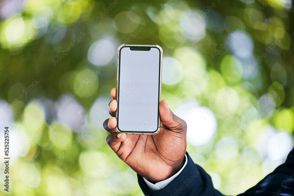 Mockup phone for business man in nature, advertising website and marketing social media post online with smartphone. Closeup of employee or worker hand holding cellphone, showing professional app