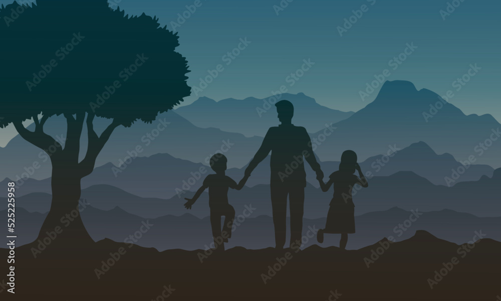 father and son and daughter holding hand in silhouette morning, vector illustration for father day vector
