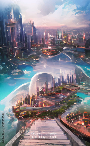 Futuristic abstract City. Modern Digital illustration.Vector