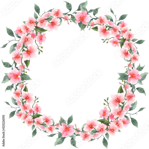 Watercolor Pink Orchid Flower and Leaves Wreath Illustration © ABC Vector
