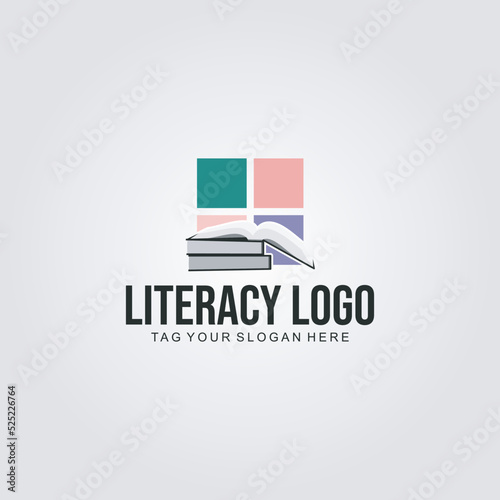 literacy logo design with book and graduation gown icon