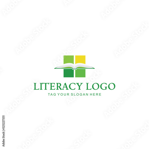 literacy logo design with book and graduation gown icon