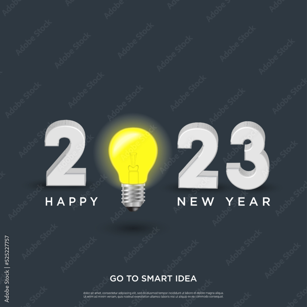 Happy new year 2023. 3D numbers with and bulp on a horizontal background. Holiday greeting card design. Happy new year 2023. 3D numbers with and bulp on a horizontal background. Holiday greeting card design.