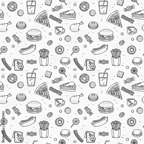 good and bad food. vegetables, fruits, milk, fish and unhealthy fast food hamburger, soda, chicken fries, cake and candy. concept of choice and lifestyle.