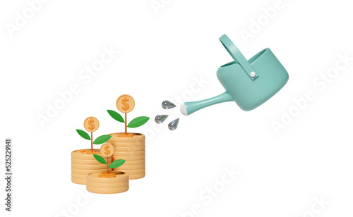 3d green watering can with money dollar coins stack plant isolated. financial success and growth or saving money concept, 3d render illustration