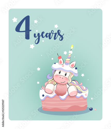 Birthday party greeting card template with cute pony in the cake and set of numbers. Four years anniversary poster for kids. Bright holiday illustration with funny fairy tale character