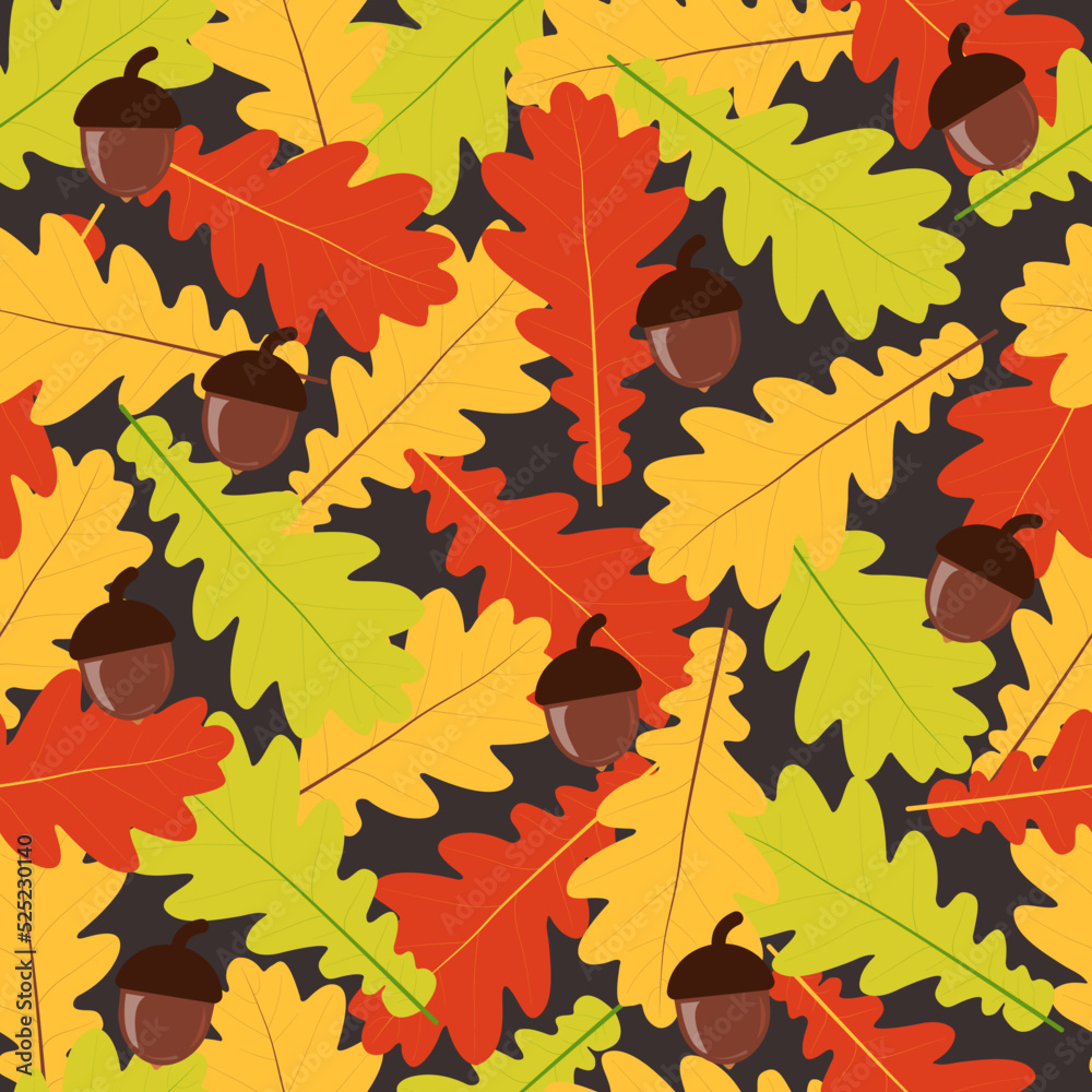 Fototapeta premium Autumn seamless pattern with oak leaves and acorns