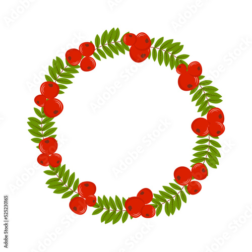 Round frame of berries and rowan leaves