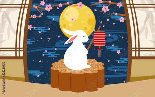 Happy Mid Autumn Day Landscape with Rabbit bring a lantern