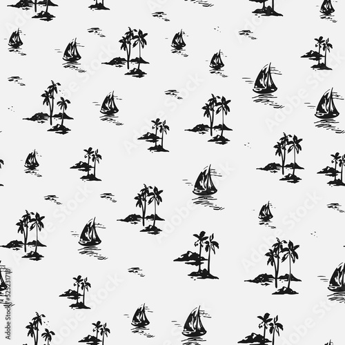 Tree plants with sailing boats seamless vector illustration pattern isolated on white background. Design for use backdrop wallpaper all over fabric print and others.