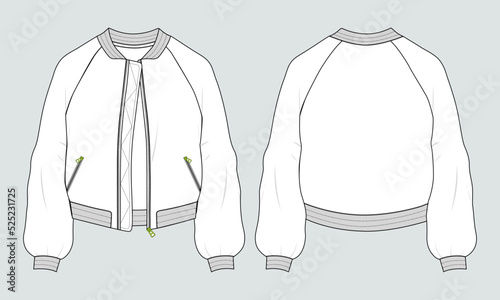 Long sleeve with zipper and pocket jacket sweatshirt overall technical fashion flat sketch vector illustration template front and back view. Apparel sweater Jacket  Flat drawing vector mock up CAD.