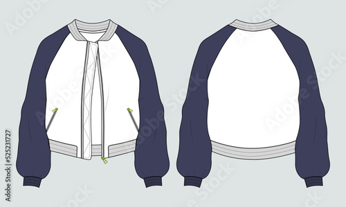Two tone Color Long sleeve with zipper and pocket jacket sweatshirt technical fashion flat sketch vector illustration template. Apparel sweater Jacket  Flat drawing vector mock up CAD.
