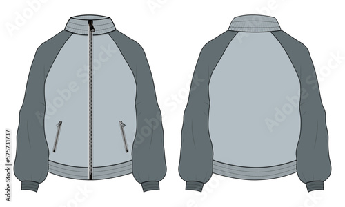 Two tone Color Long sleeve with zipper and pocket jacket sweatshirt technical fashion flat sketch vector illustration template. Apparel sweater Jacket  Flat drawing vector mock up CAD.