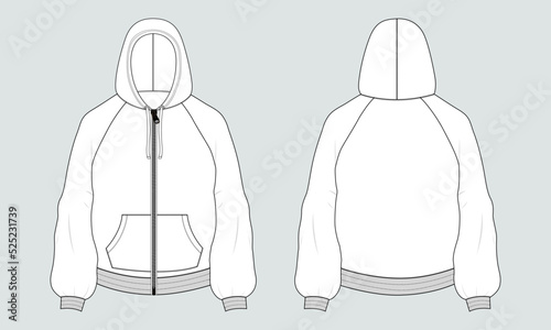 Long sleeve hoodie with Zipper and pocket technical fashion flat sketch Drawing template front and back view. Apparel dress design vector illustration mockup CAD.