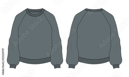 Long sleeve sweatshirt technical fashion flat sketch vector illustration Grey Color template front and back views. Cotton fleece jersey Winter clothing design mock up cad