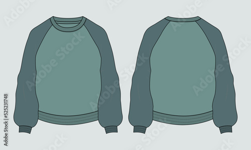 Two tone Color Long sleeve sweatshirt technical fashion flat sketch vector illustration template front and back views. Cotton fleece jersey Winter clothing design mock up cad