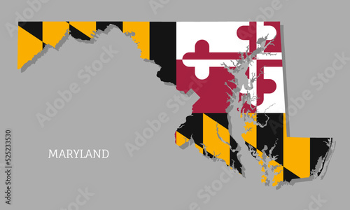 Map of Maryland USA federal state with flag inside. Highly detailed map of Maryland American state with territory borders and national flag realistic vector illustration