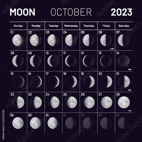 October lunar calendar for 2023 year, monthly cycle planner. Astrological schedule with lunar phases and cycles on black night background vector illustration
