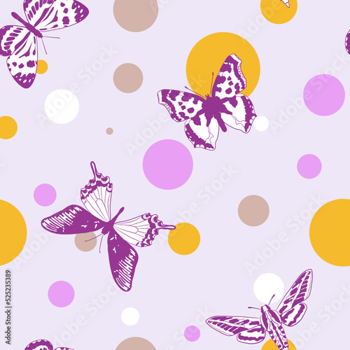 vector seamless pattern with butterflies and rounds at light lilac background, hand drawn background
