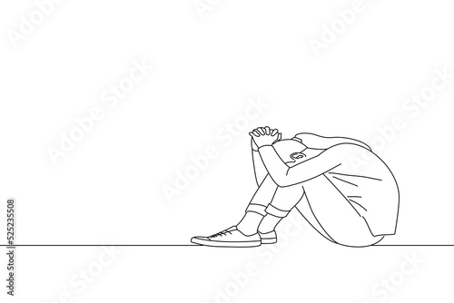 Cartoon of depressed sad teen girl sit on sill crying alone at home, upset desperate. Oneline art drawing style