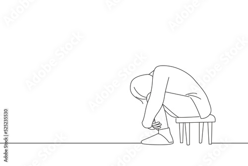 Cartoon of woman sitting alone and depressed. Line art style