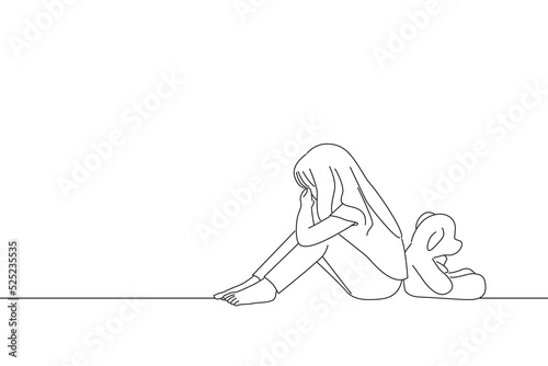 Illustration of little autistic girl with teddy bear sitting on floor at empty room. Autism concept. Outline drawing style art