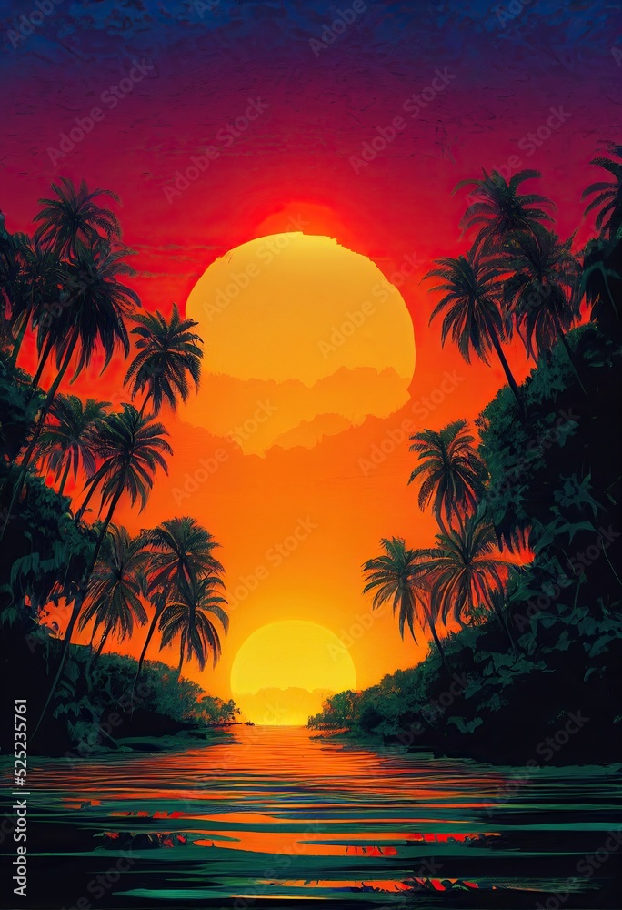 Retro synthwave unexplored amazon jungle river with intense bright hazy 80's reddish orange sunset - tall dense overgrown tropical vegetation and palm trees paradise nostalgia.